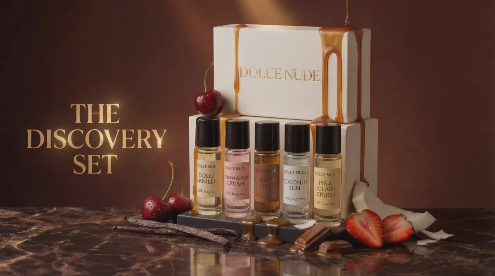 動画を読み込む: DOLCE NUDE edible fragrance animated product showcase video with fluid motion and luxury visual effects