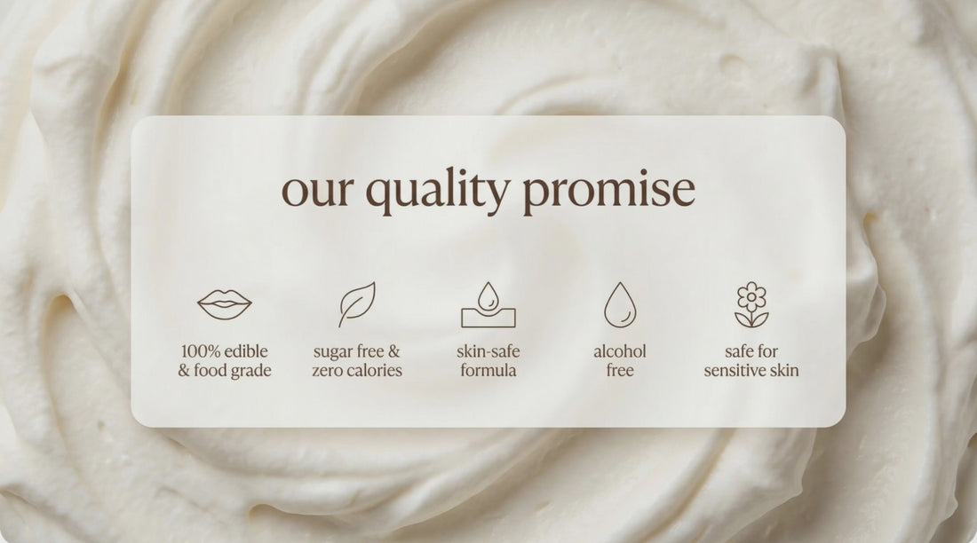 DOLCE NUDE quality promise video - infographic with five icons on cream background displaying 100% edible food grade, sugar free, skin-safe, alcohol free, sensitive skin safe